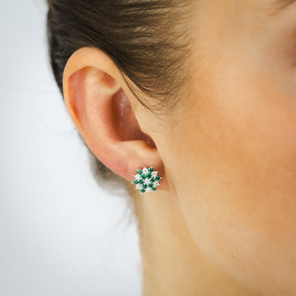 Sterling Silver White And Green Cubic Zirconia Fancy Flower Stud Earrings - Image 2