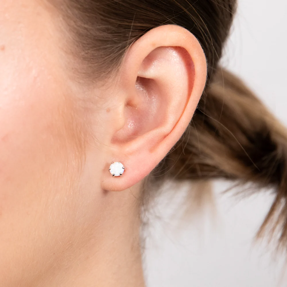 Sterling Silver White Created Opal Stud Earrings - Image 2