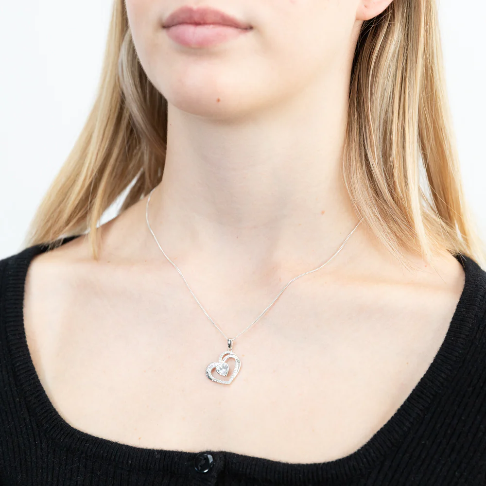 Sterling Silver White Cubic Zirconia And Inscription On Double Heart Pendant - Image 2