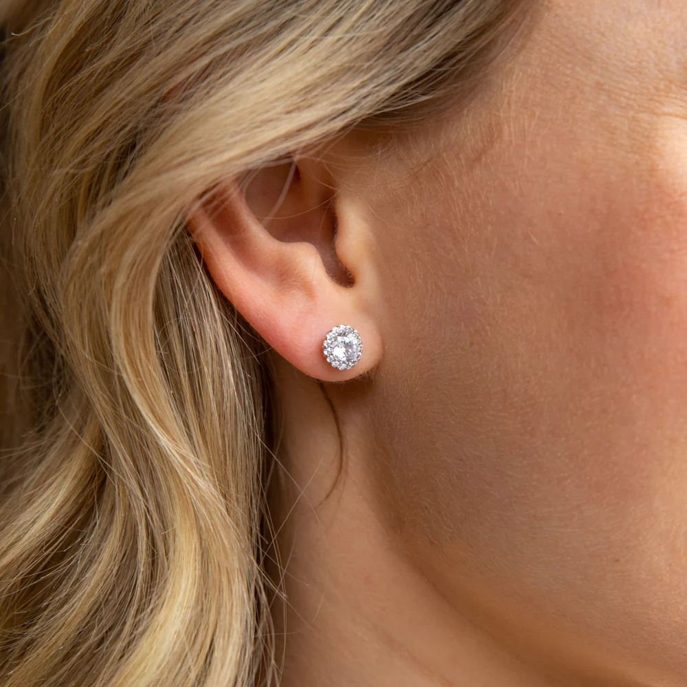 Sterling Silver White Cubic Zirconia Halo 8mm Stud Earrings - Image 2