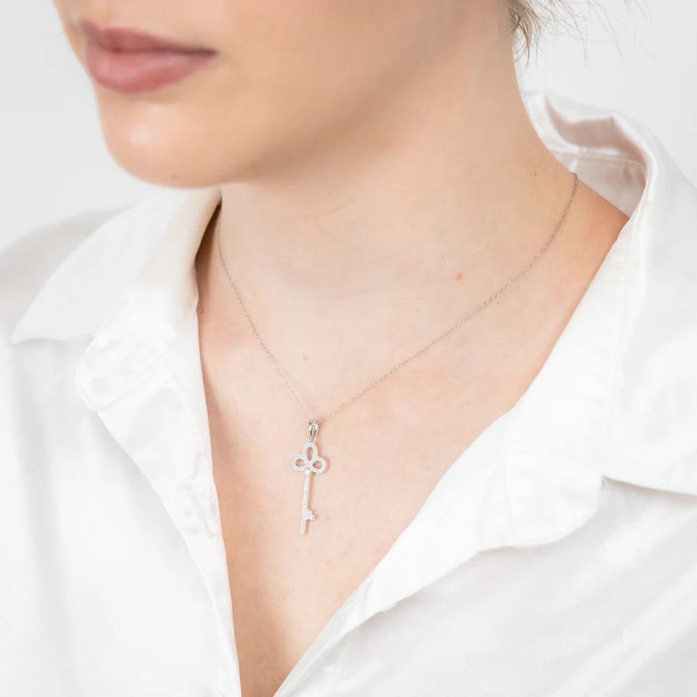 Sterling Silver White Cubic Zirconia Key Pendant - Image 2