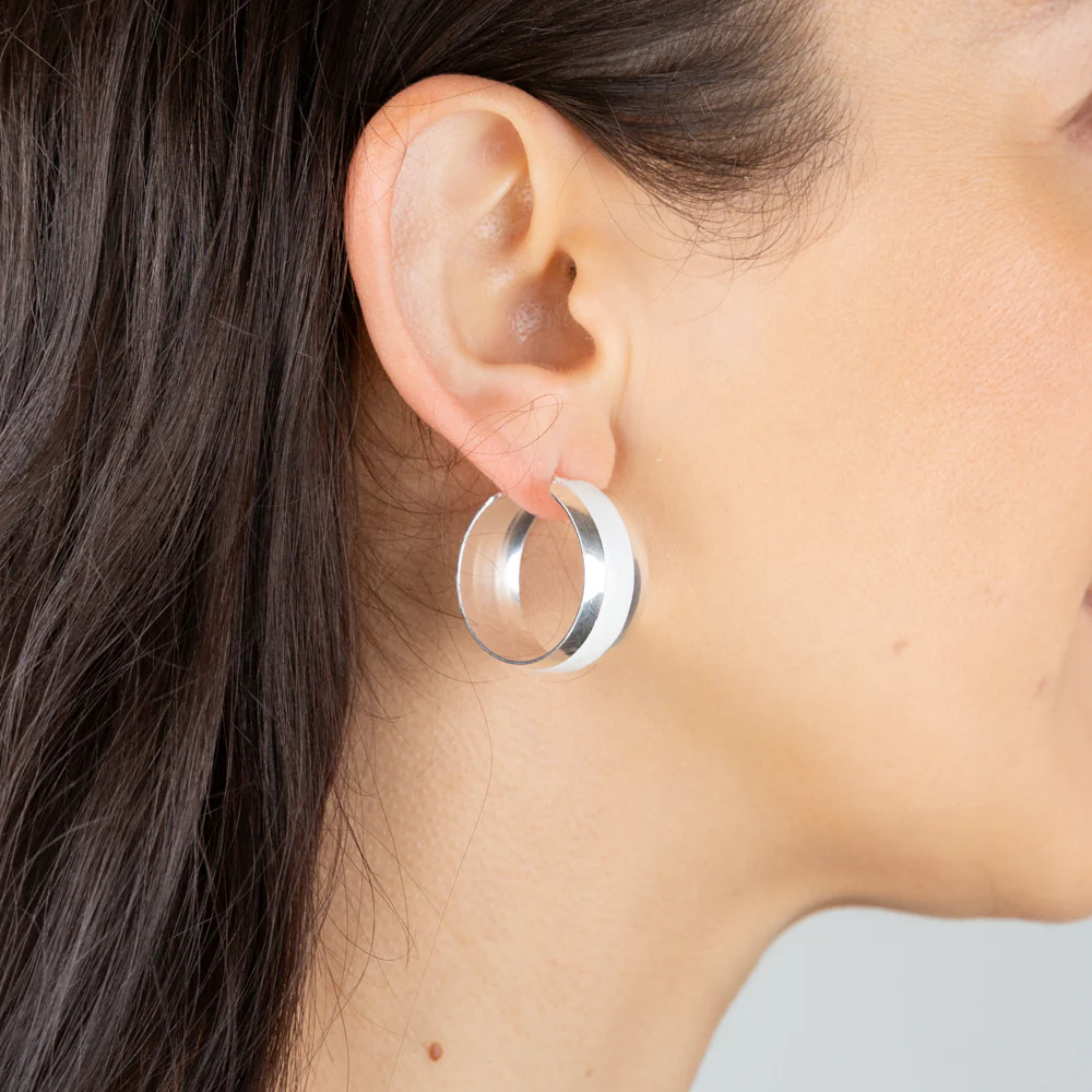 Sterling Silver White Enamel On Broad 23mm Hoop Earrings - Image 2