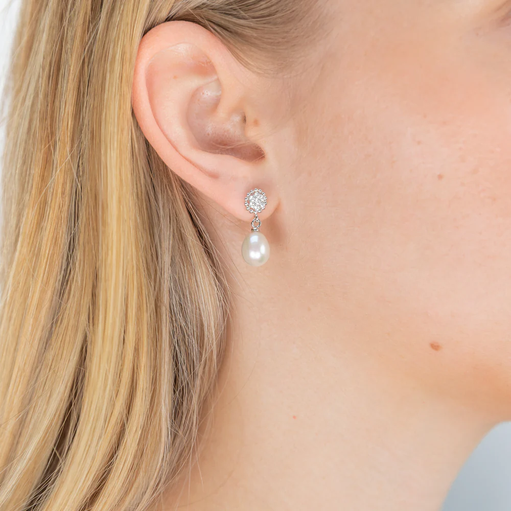 Sterling Silver White Freshwater Pearl 7.5-8mm & Zirconia Earrings - Image 2