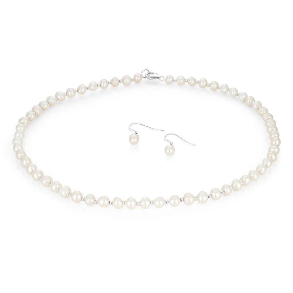 Sterling Silver White Freshwater Pearl Chain & Earring Boxed Set - Image 4