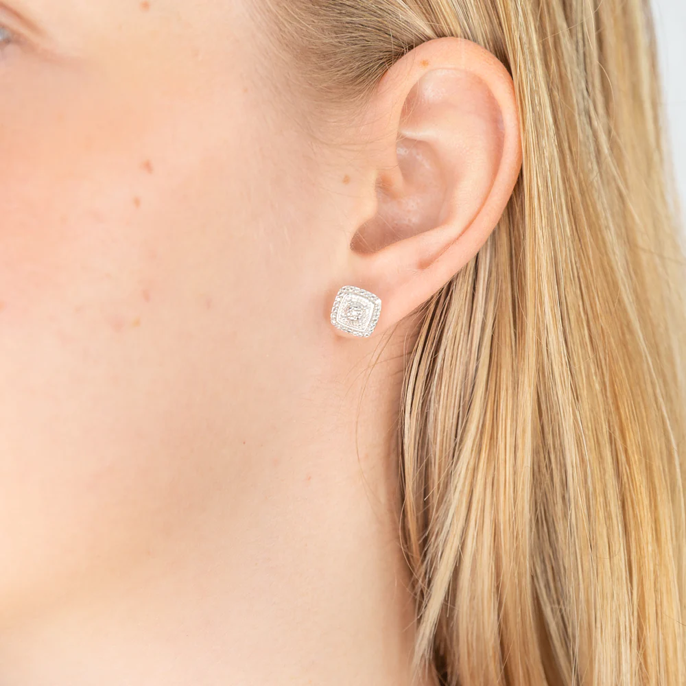 Sterling Silver With 2 Diamond Cushion Shape Earring Stud - Image 2