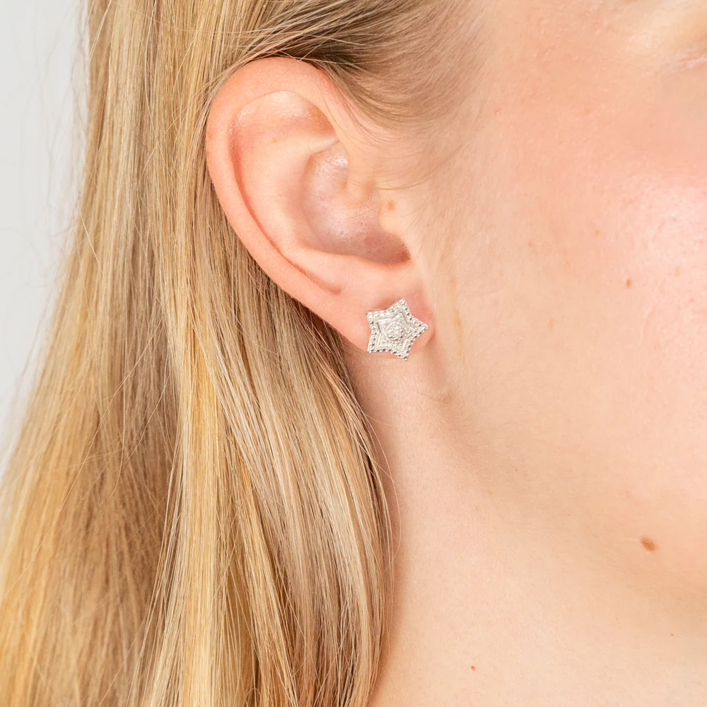 Sterling Silver With 2 Diamond Star Shape Earing Studs - Image 2