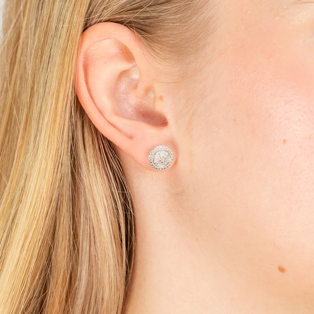 Sterling Silver with 2 Diamonds Round Shape Earring Studs - Image 2