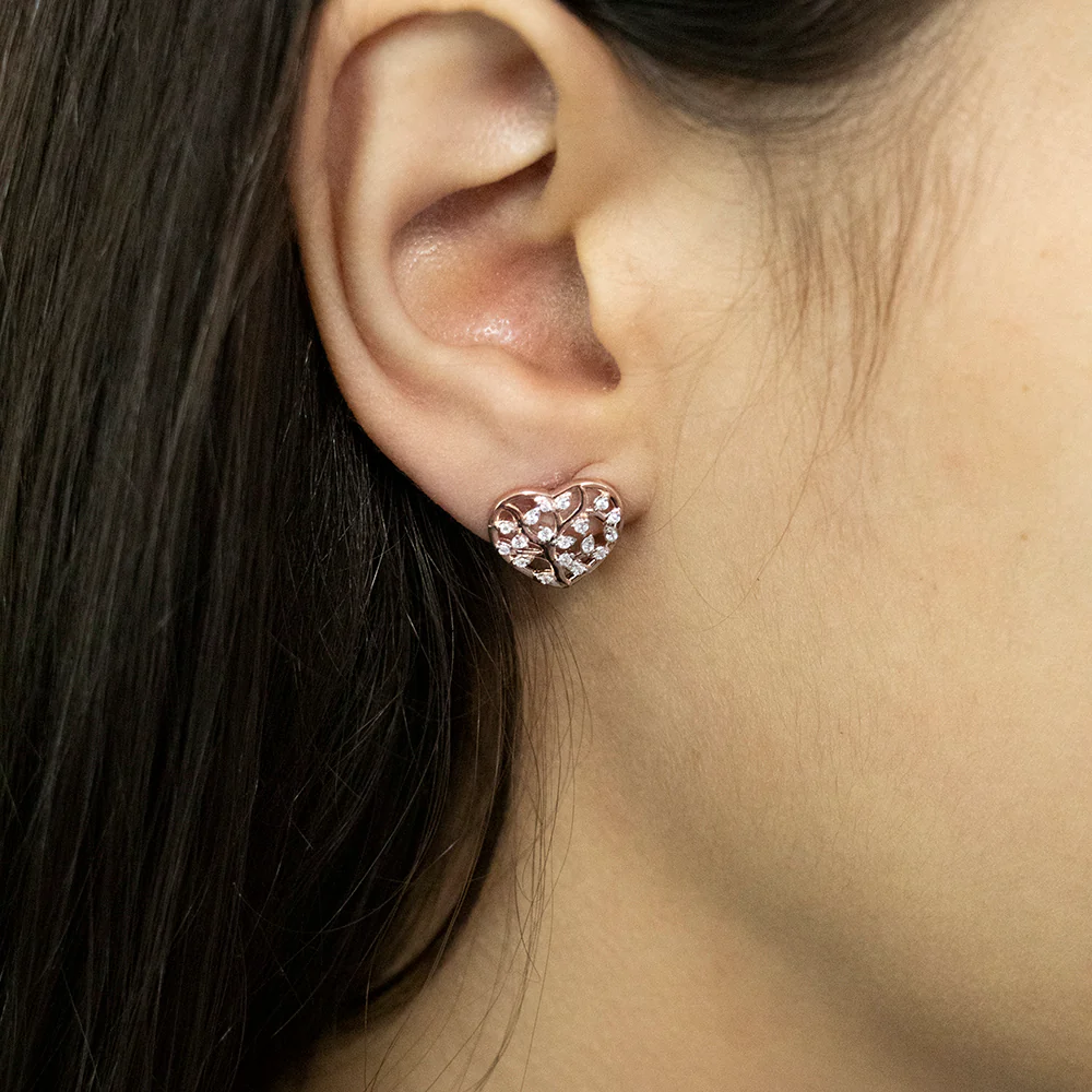 Sterling Silver with Rose Gold Plated Zirconia Tree Of Life Heart Stud Earrings - Image 2