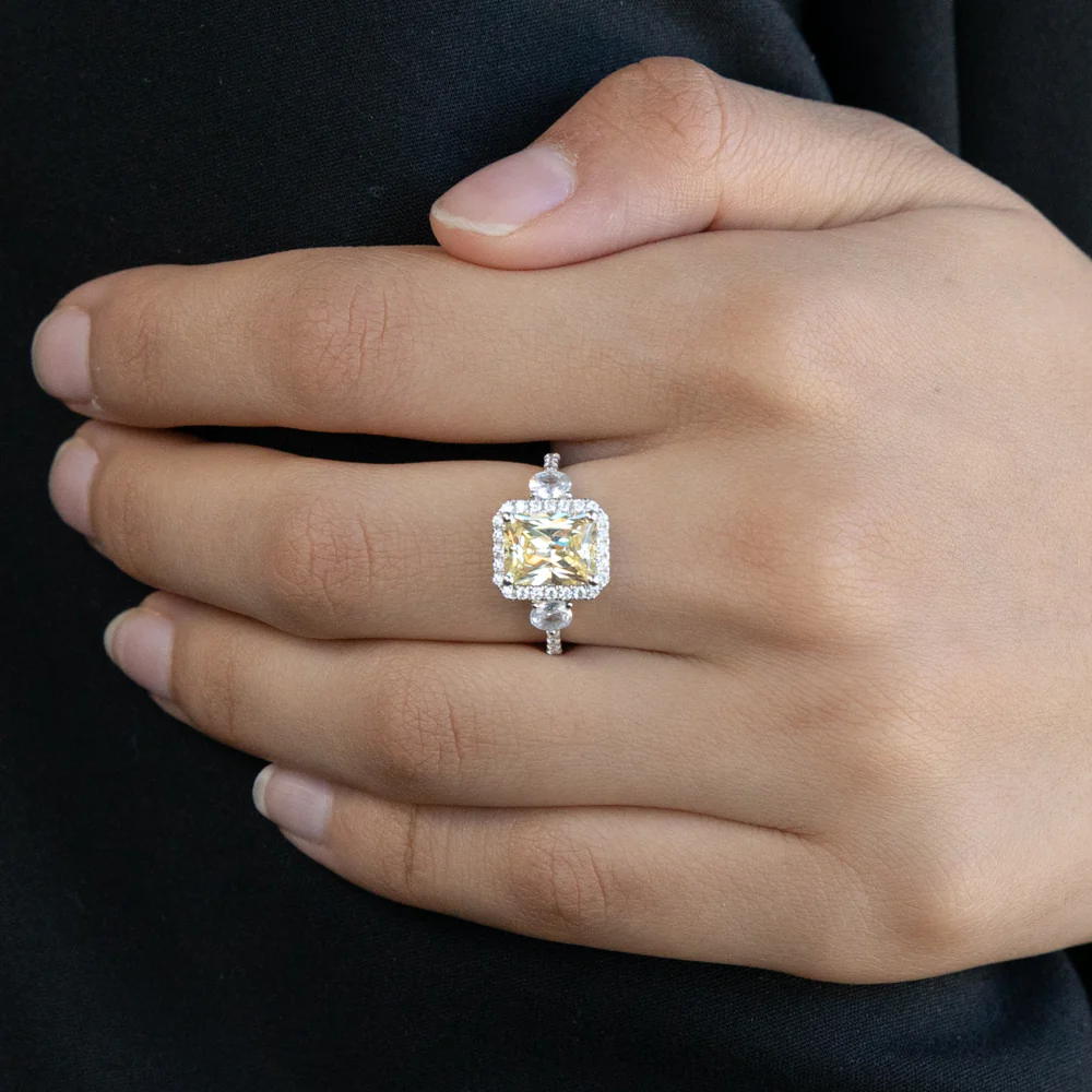Sterling Silver Yellow And White Zirconia Emerald Cut Ring - Image 3
