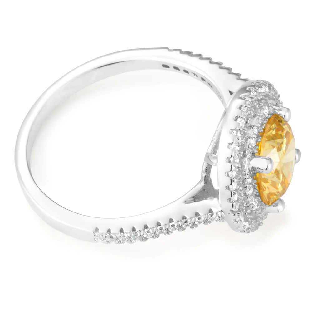 Sterling Silver Yellow Cubic Zirconia Solitaire Pendant Chain and Halo Ring Set - Image 2