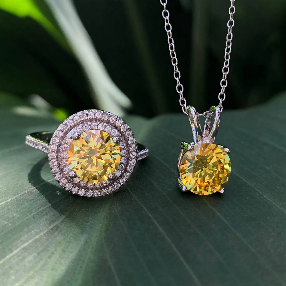 Sterling Silver Yellow Cubic Zirconia Solitaire Pendant Chain and Halo Ring Set - Image 4