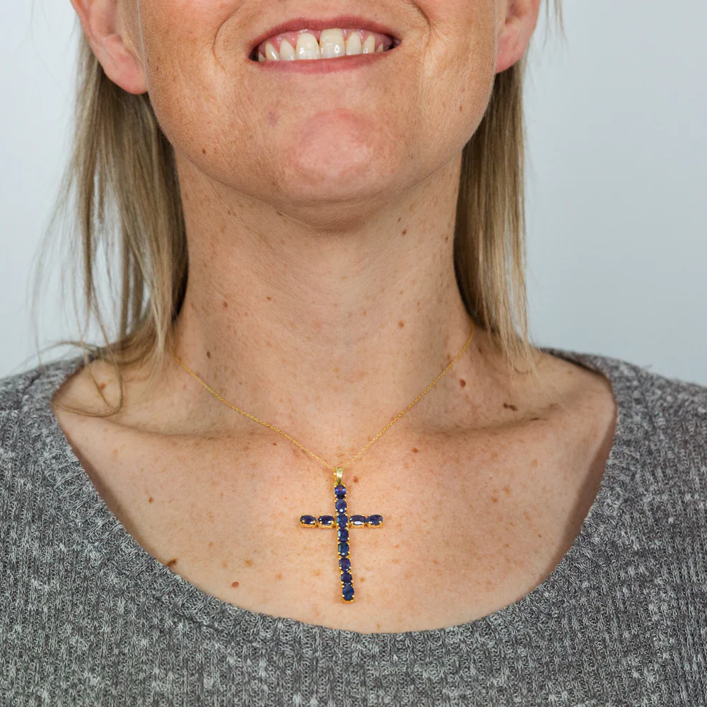 Sterling Silver Yellow Gold Plated 6.00ct Natural Sapphire Cross Pendant - Image 2