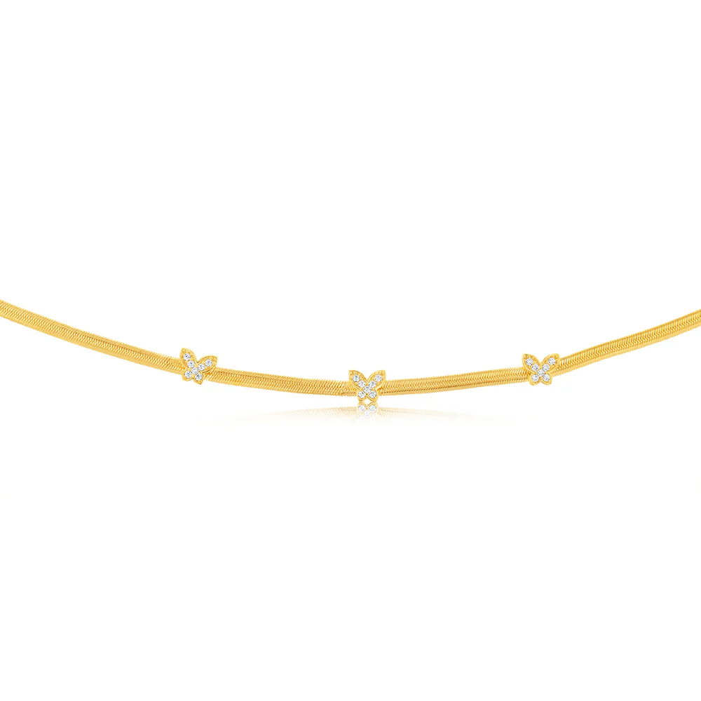 Sterling Silver Yellow Gold Plated Cubic Zirconia Butterfly 43cm Choker Chain - Image 2