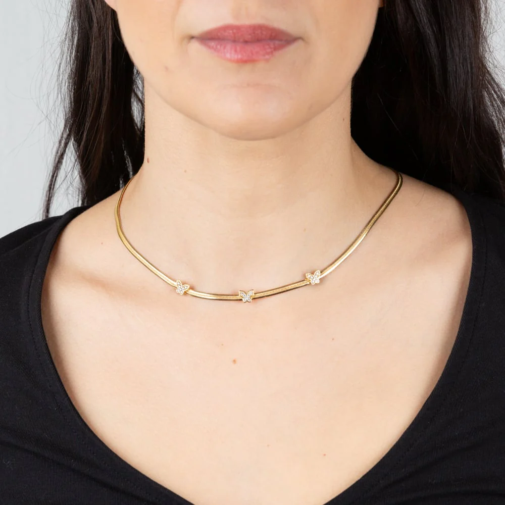 Sterling Silver Yellow Gold Plated Cubic Zirconia Butterfly 43cm Choker Chain - Image 3