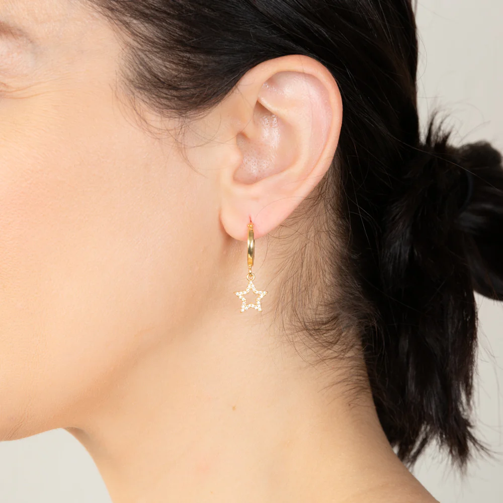 Sterling Silver Yellow Gold Plated Cubic Zirconia Star On Hoop Earrings - Image 2