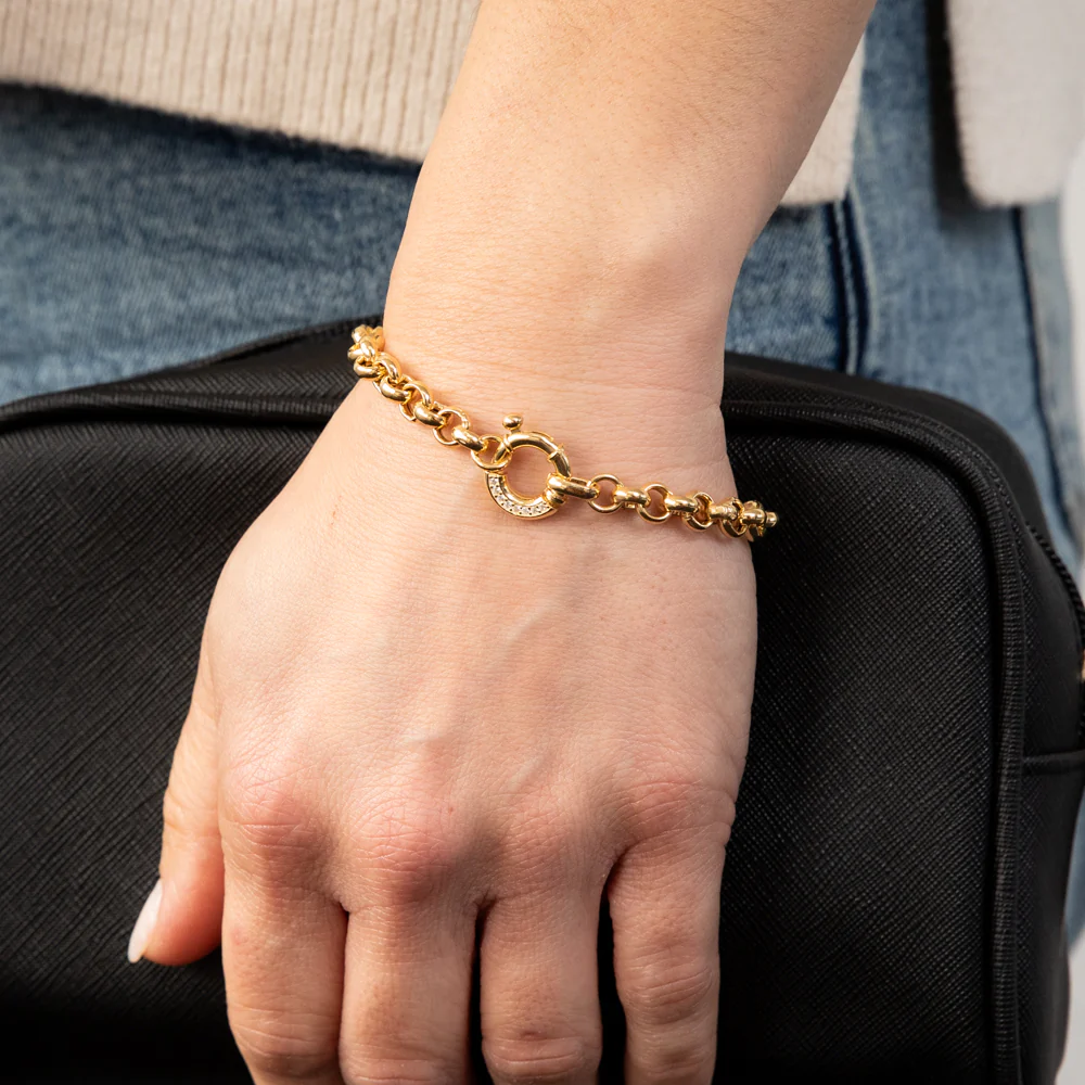 Sterling Silver Yellow Gold Plated Cubic Zironica Bolting 19cm Belcher Bracelet - Image 3