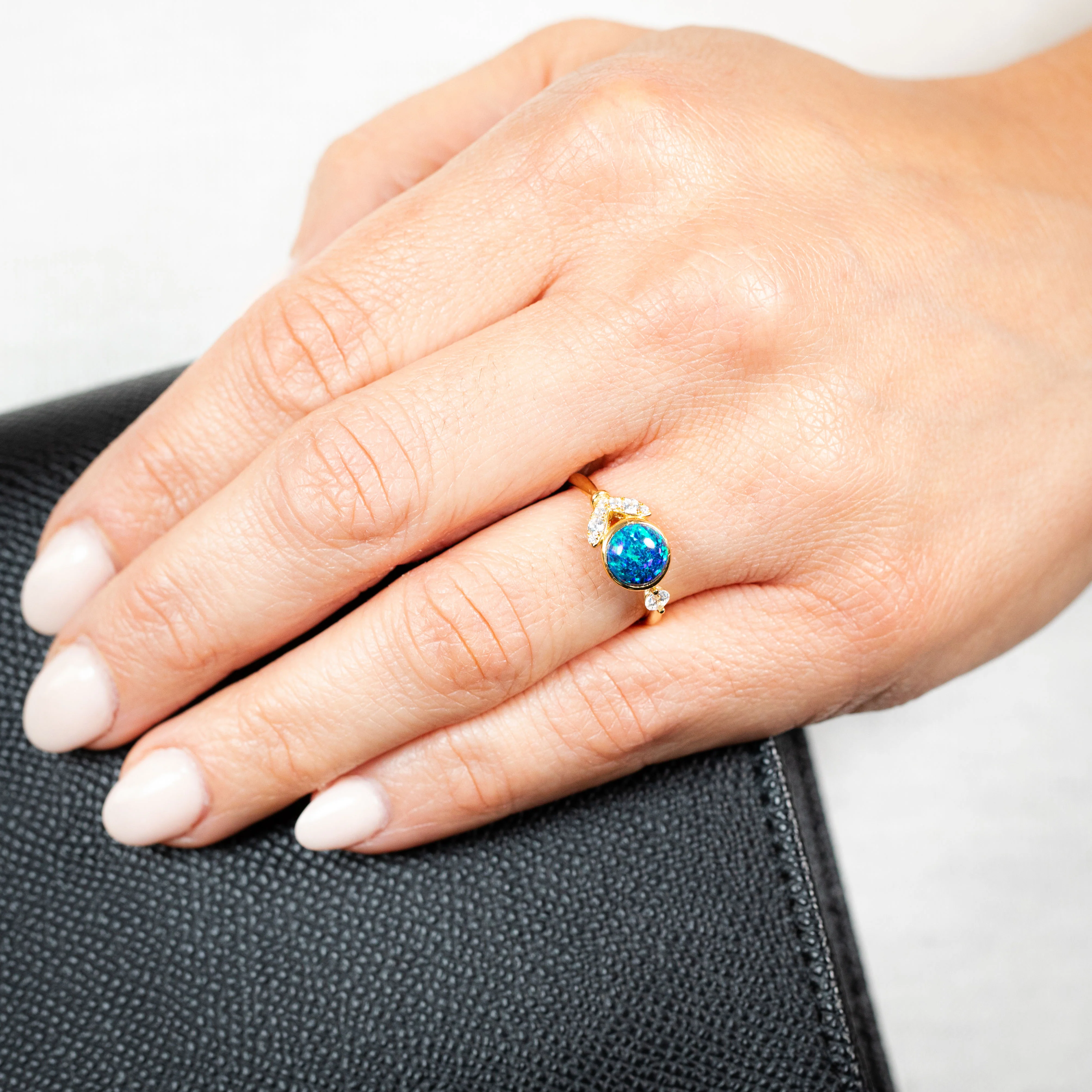 Sterling Silver Yellow Gold Plated Dark Blue Created Opal And Zirconia Ring - Image 3