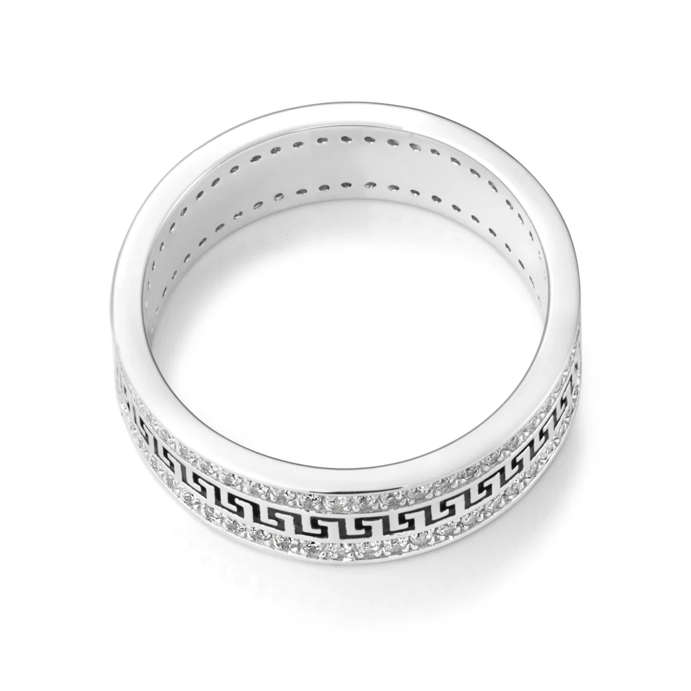 Sterling Silver Zirconia and Black Enamel Greek Key Ring - Image 2