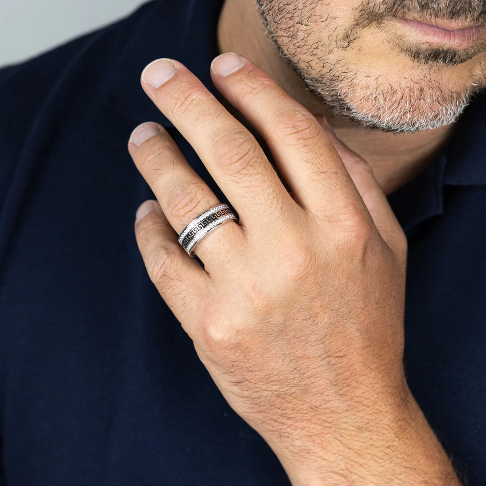 Sterling Silver Zirconia and Black Enamel Greek Key Ring - Image 3