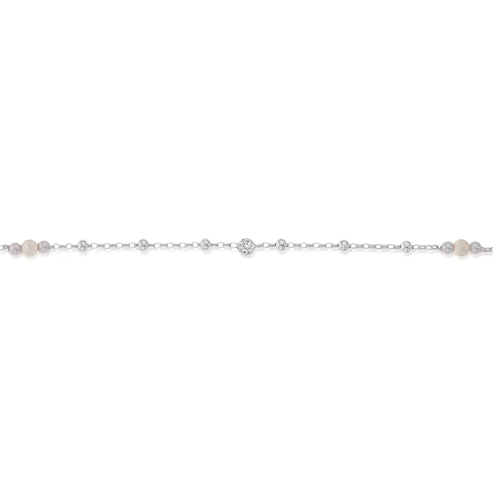 Sterling Silver Zirconia and Plain and Stardust Ball 26cm Anklet - Image 3