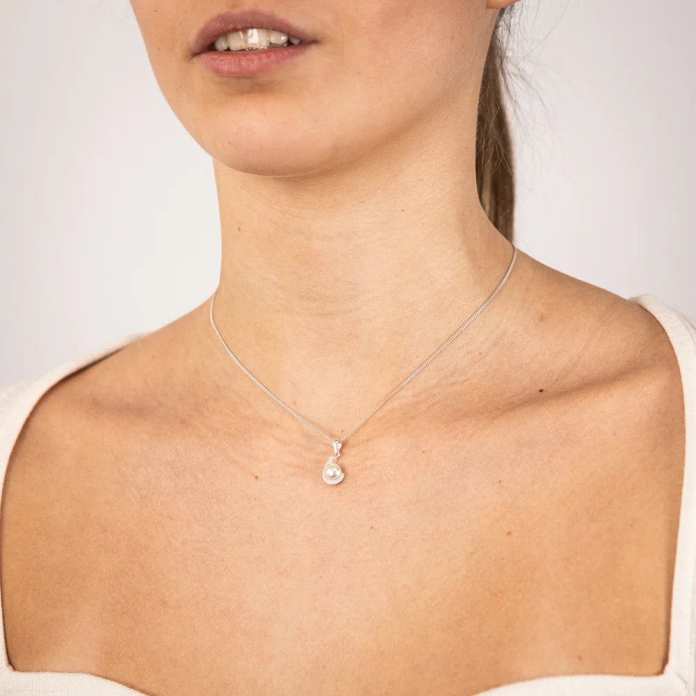 Sterling Silver Zirconia And Simulated Pearl Fancy Pendant - Image 2