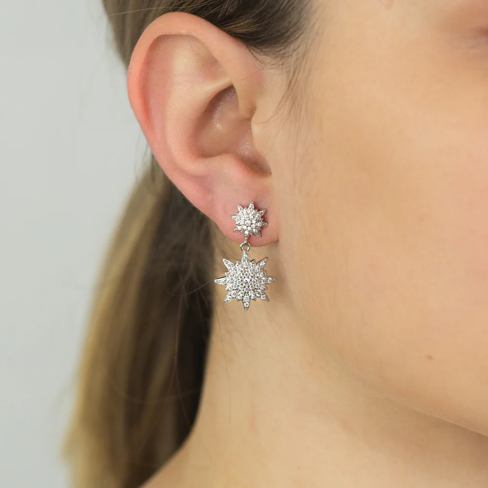 Sterling Silver Zirconia Double Starburst Drop Earrings - Image 2