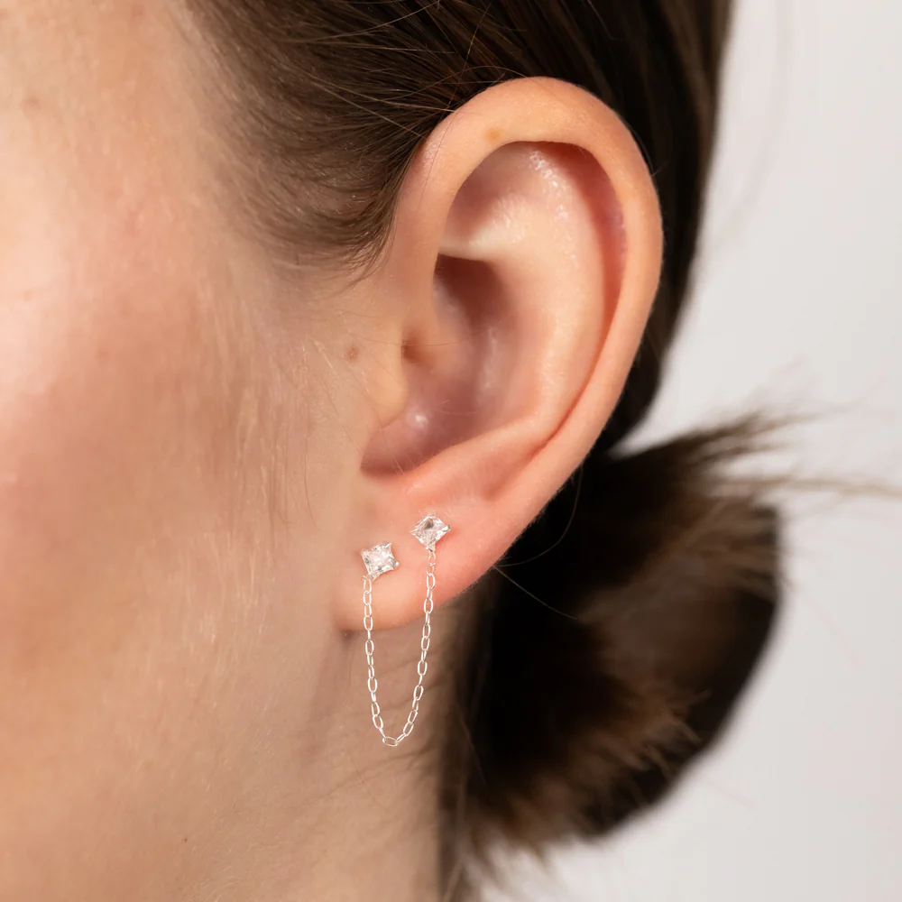 Sterling Silver Zirconia Double Stud With Chain One Earring Only - Image 2
