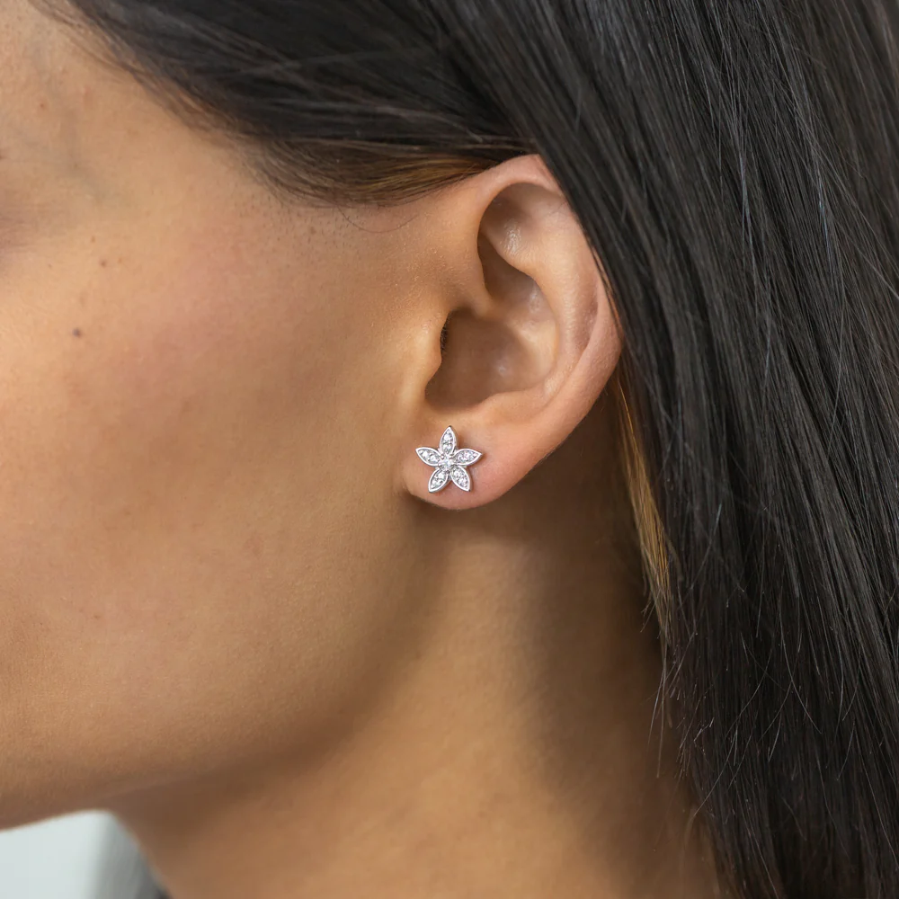 Sterling Silver Zirconia Flower Stud Earrings - Image 2