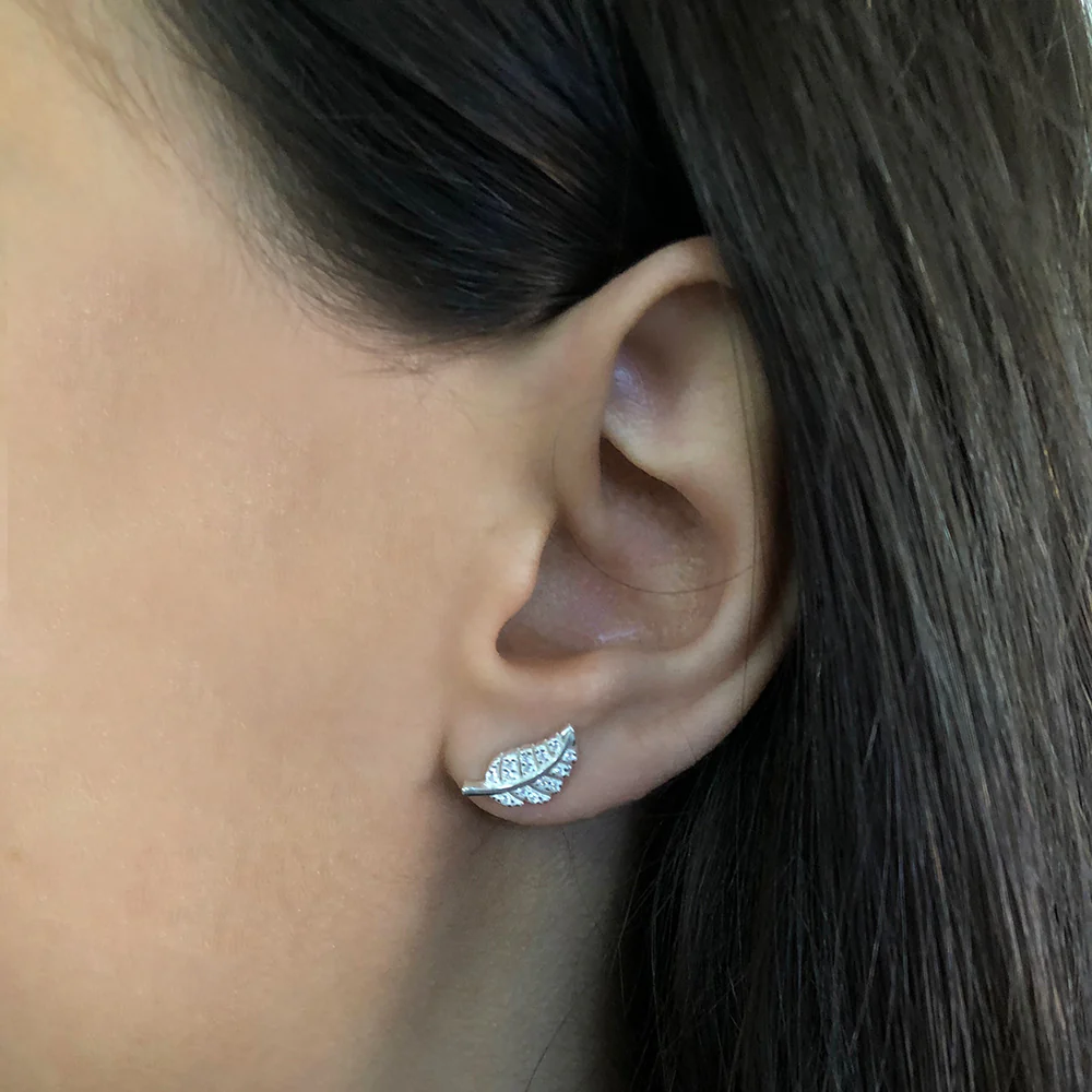 Sterling Silver Zirconia Leaf Stud Earrings - Image 2