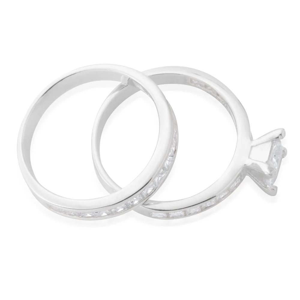 Sterling Silver Zirconia Princess Cut + Round 2 Ring Set - Image 2
