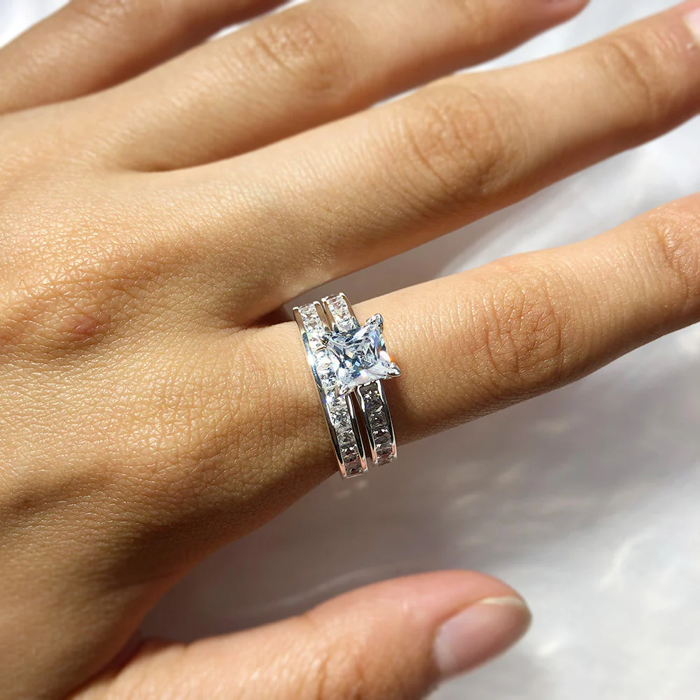 Sterling Silver Zirconia Princess Cut + Round 2 Ring Set - Image 3