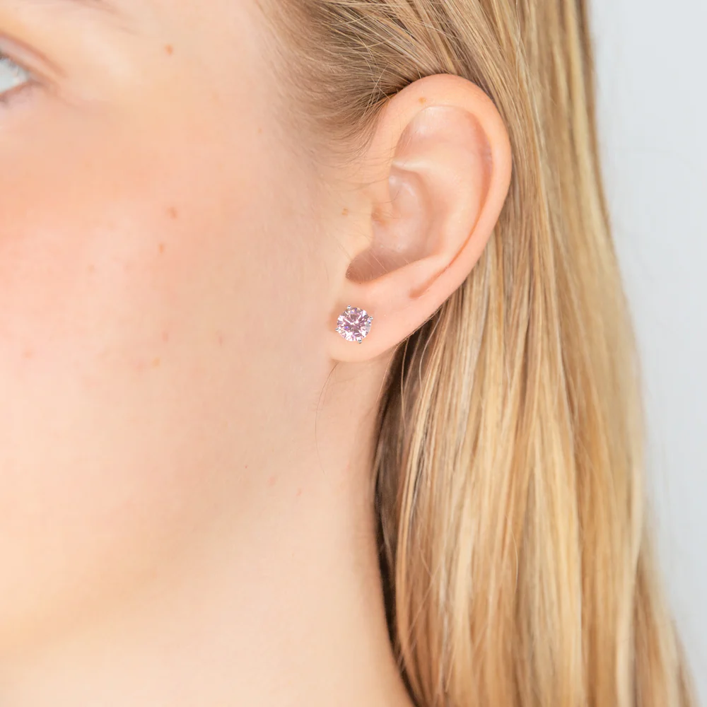 Sterling Silver Zirconia Round 6.55mm Pink Stud Earrings - Image 2