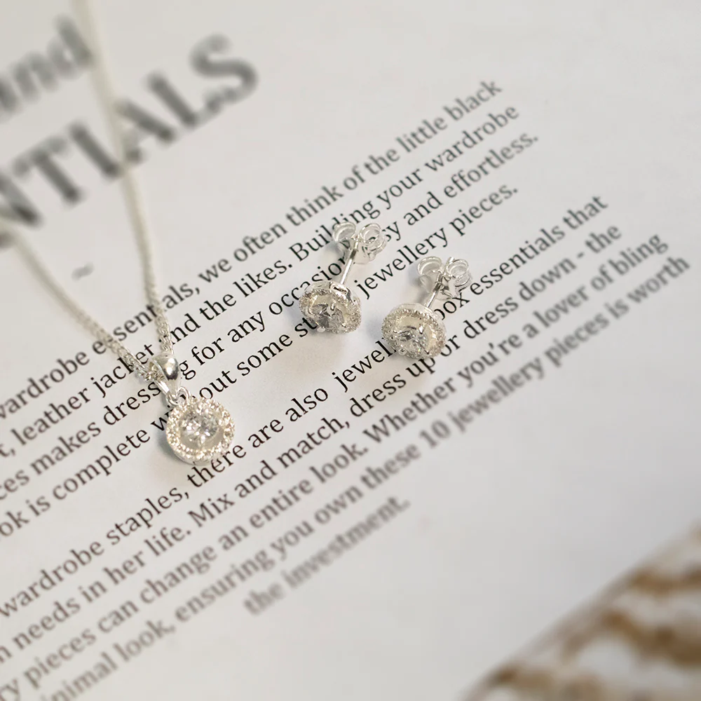 Sterling Silver Zirconia Round Pendant and Stud Earring Set - chain not included - Image 2