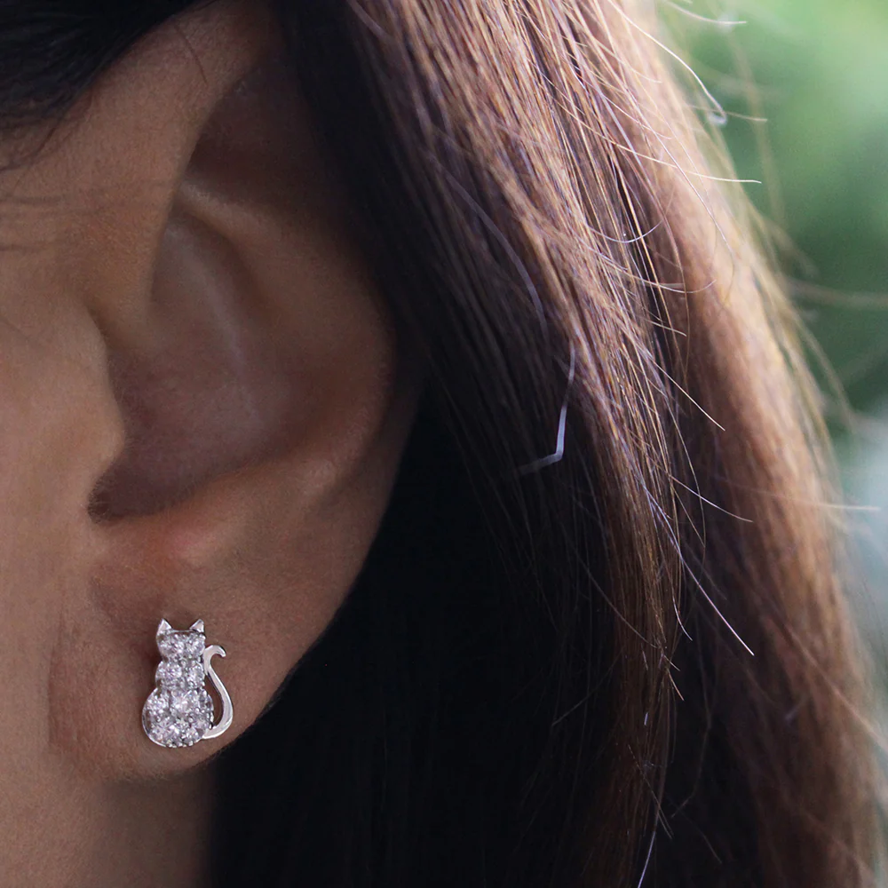 Sterling Silver Zirconia Sitting Cat Earrings - Image 2