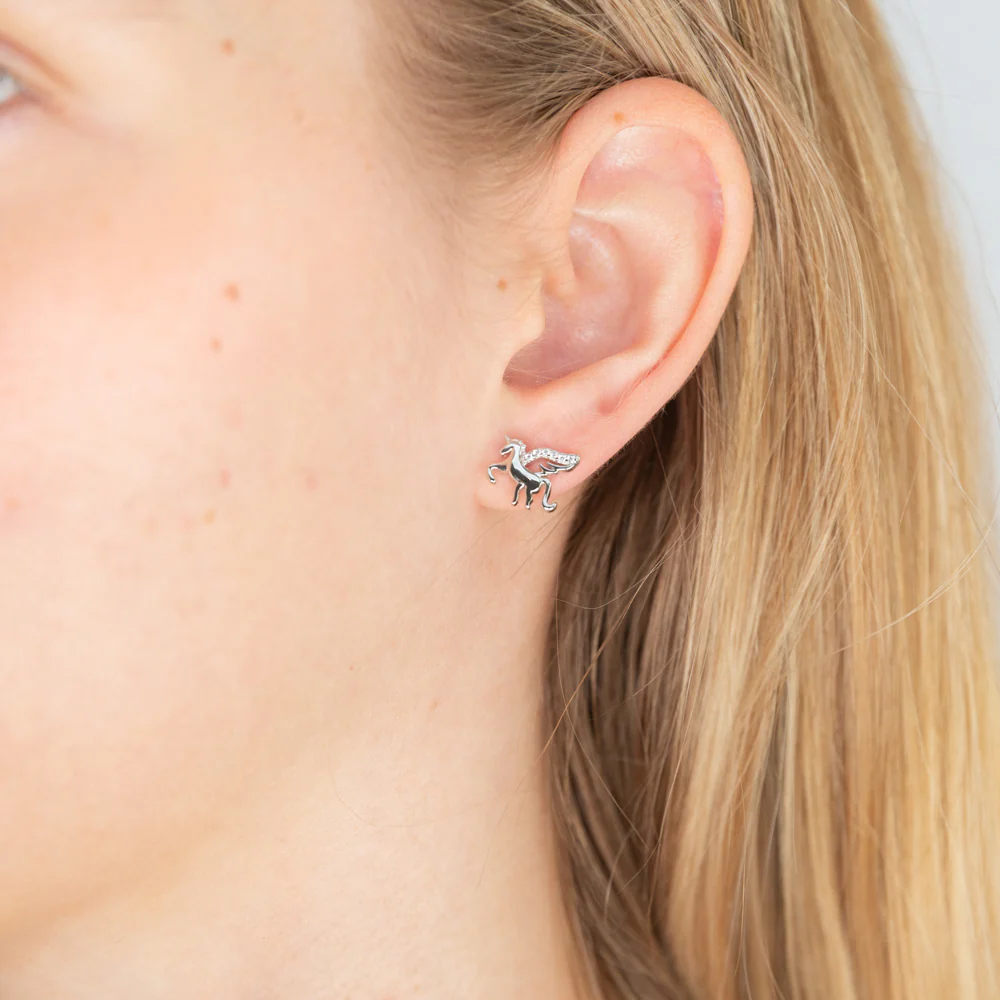 Sterling Silver Zirconia Unicorn Stud Earrings - Image 2