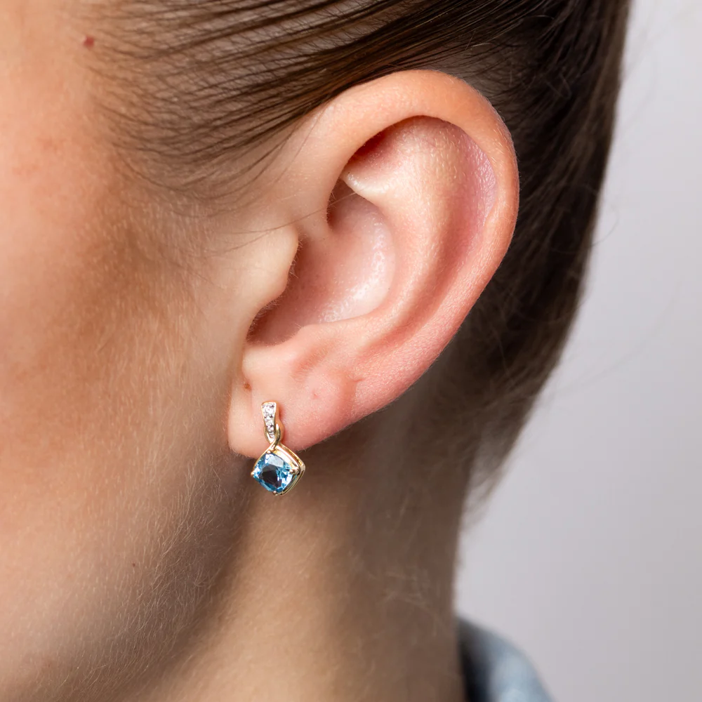 Swiss Blue Topaz and Diamond Drop Earrings in 9ct Yellow Gold - Image 2