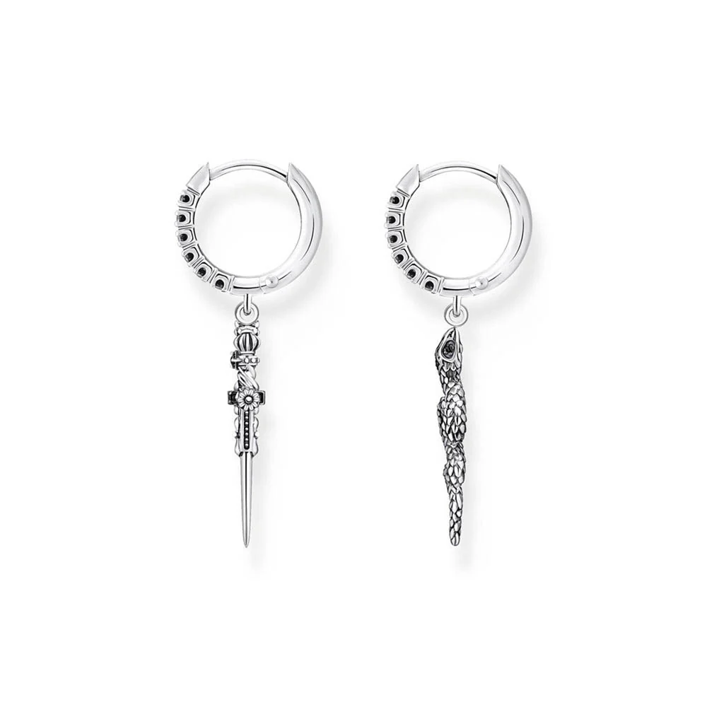 Thomas Sabo Sterling Silver Rebel Snake And Sword Black CZ Mismatch Earrings - Image 2