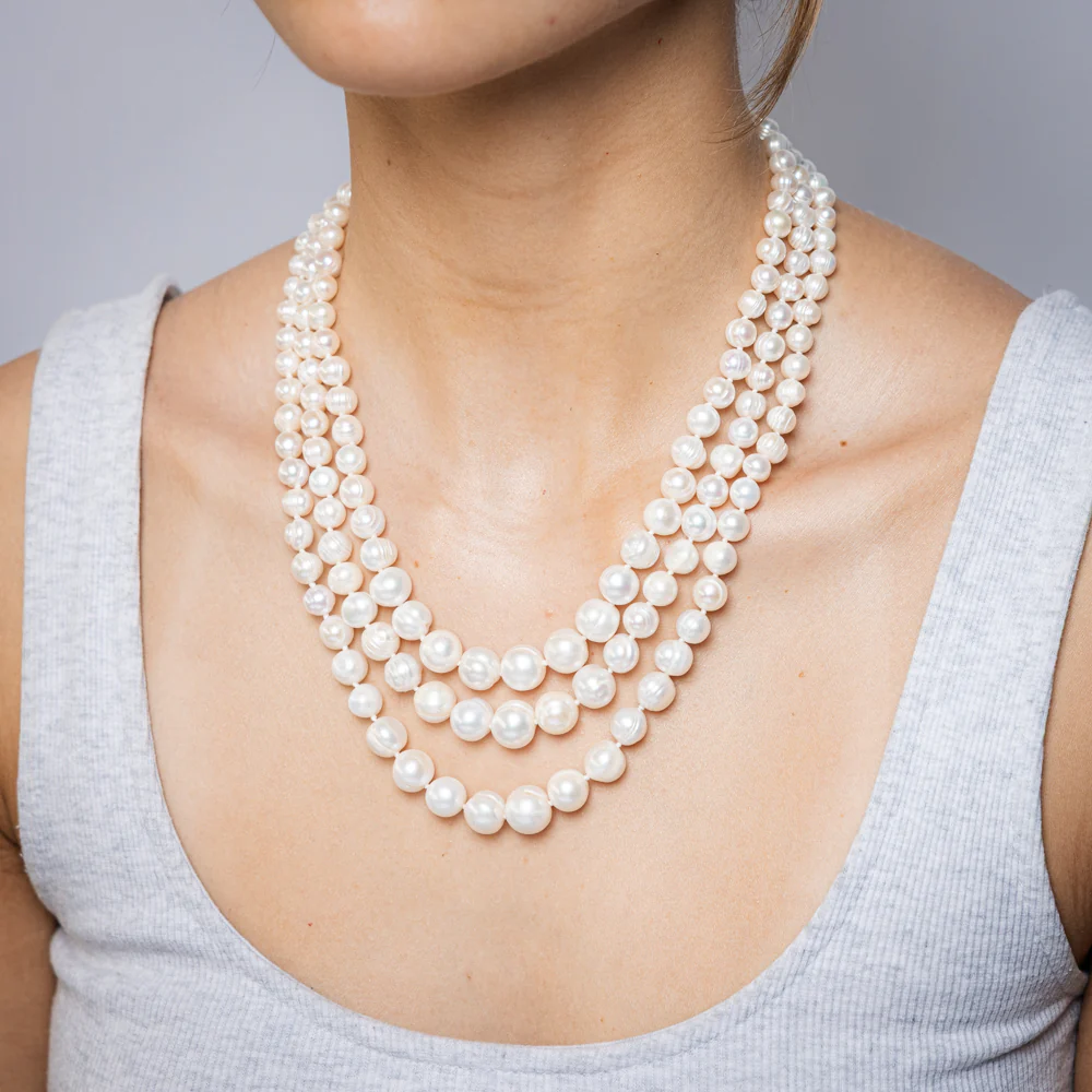 Three Layered Graduated Potato Shaped Pearl Necklace 46cm With Silver Clasp - Image 3