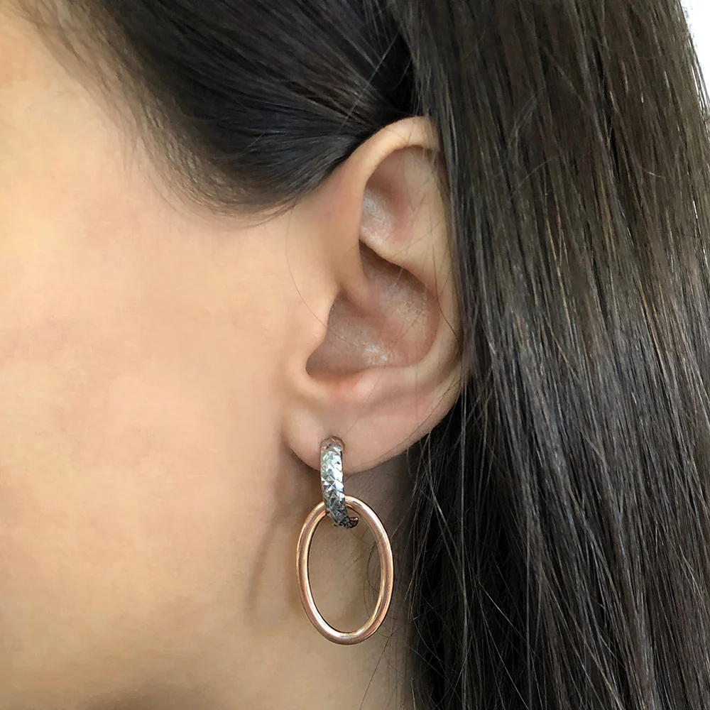 Two Tone Gold Diamond Cut Oval Hoop Stud Earring - Image 2