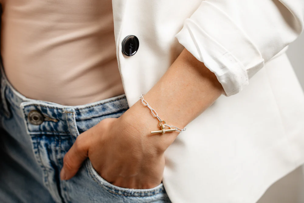 Two Tone Sterling Silver T-Bar Chain Bracelet - Image 4