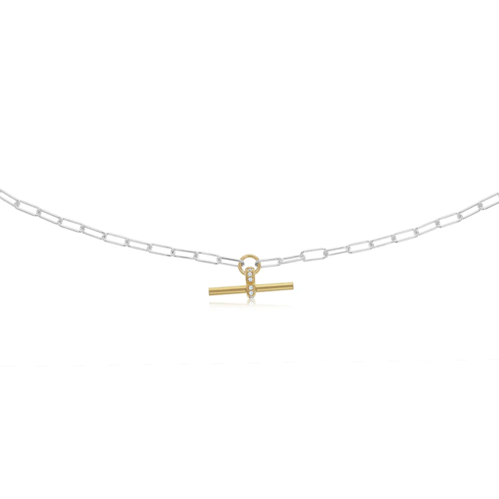 Two Tone Sterling Silver T-Bar Chain Necklace - Image 2