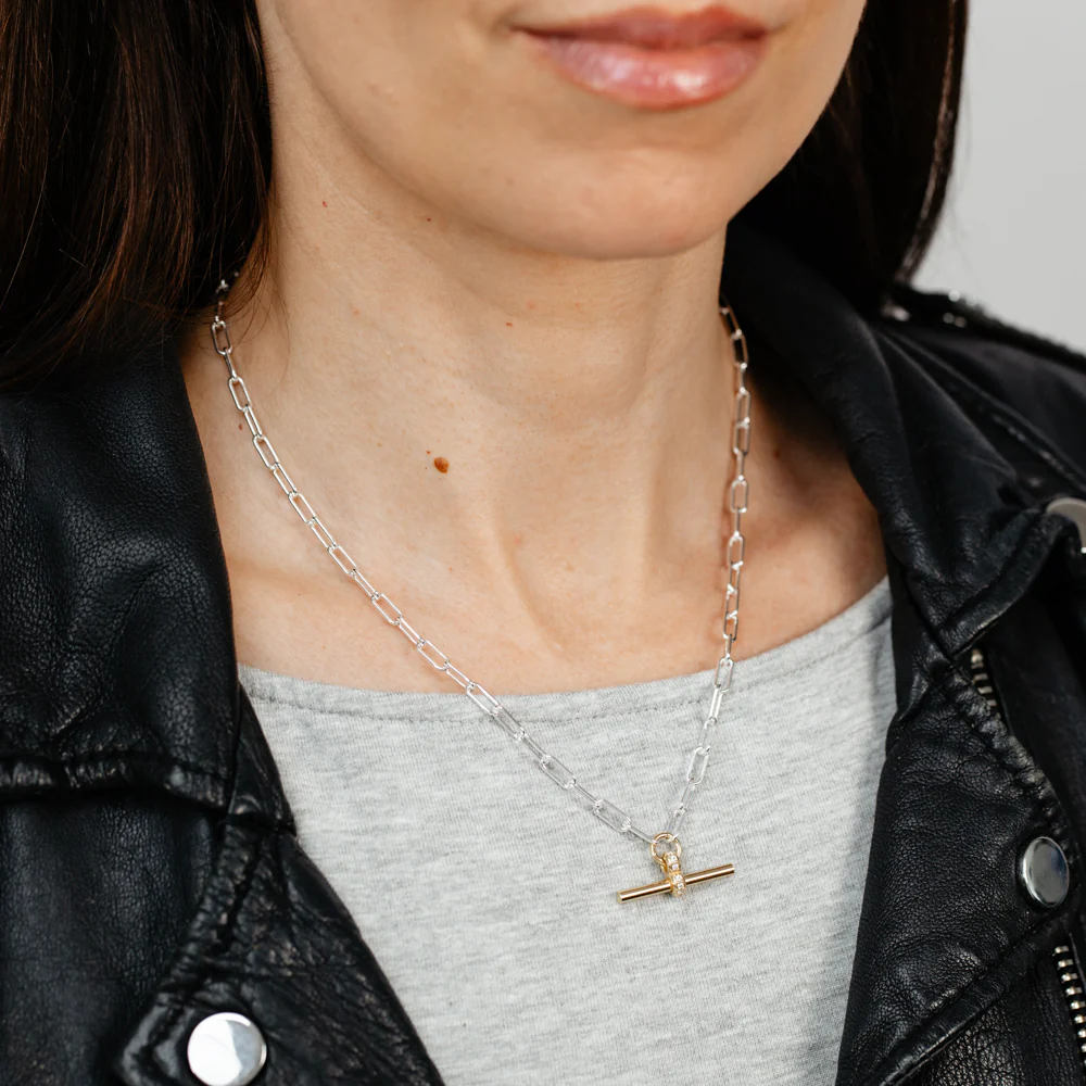 Two Tone Sterling Silver T-Bar Chain Necklace - Image 3