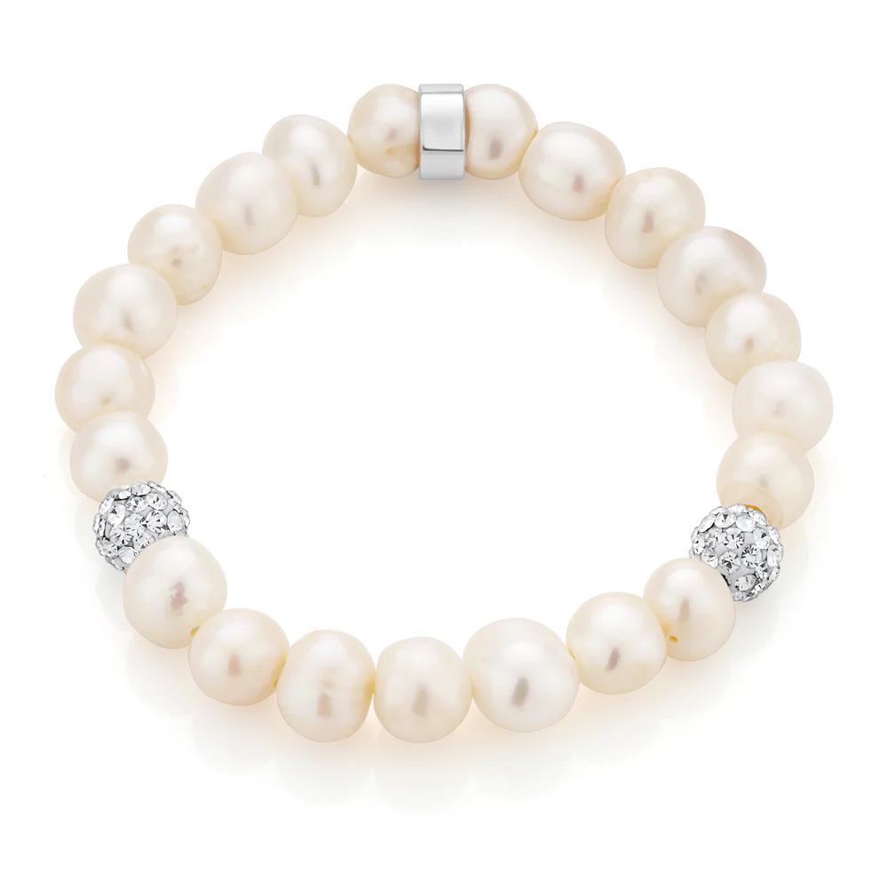 White 8-8.5mm Freshwater Pearl, Crystal and Charm Bracelet - Image 2