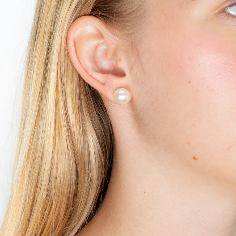 White 9.5-10mm Freshwater Pearl Stud Earrings - Image 2