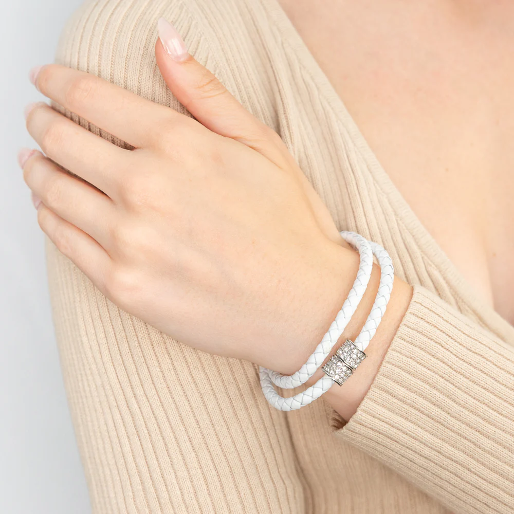 White Double Leather Wrap Crystal Magnetic Bracelet - Image 2