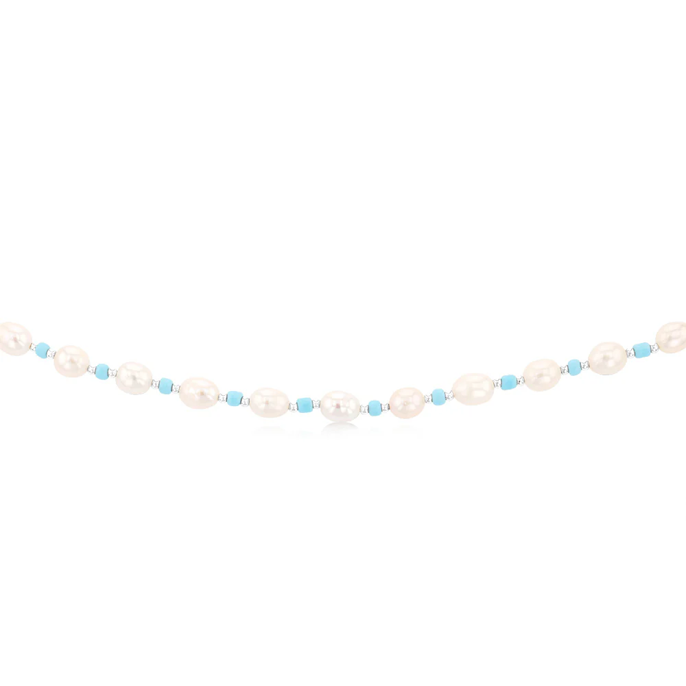 White Freshwater Pearl 42-47cm Adjustable Chain with Blue & Silver Beads in Sterling Silver - Image 2