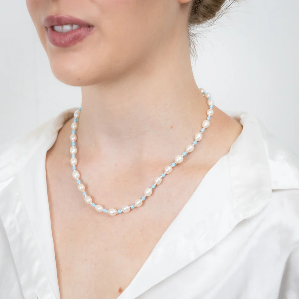 White Freshwater Pearl 42-47cm Adjustable Chain with Blue & Silver Beads in Sterling Silver - Image 3
