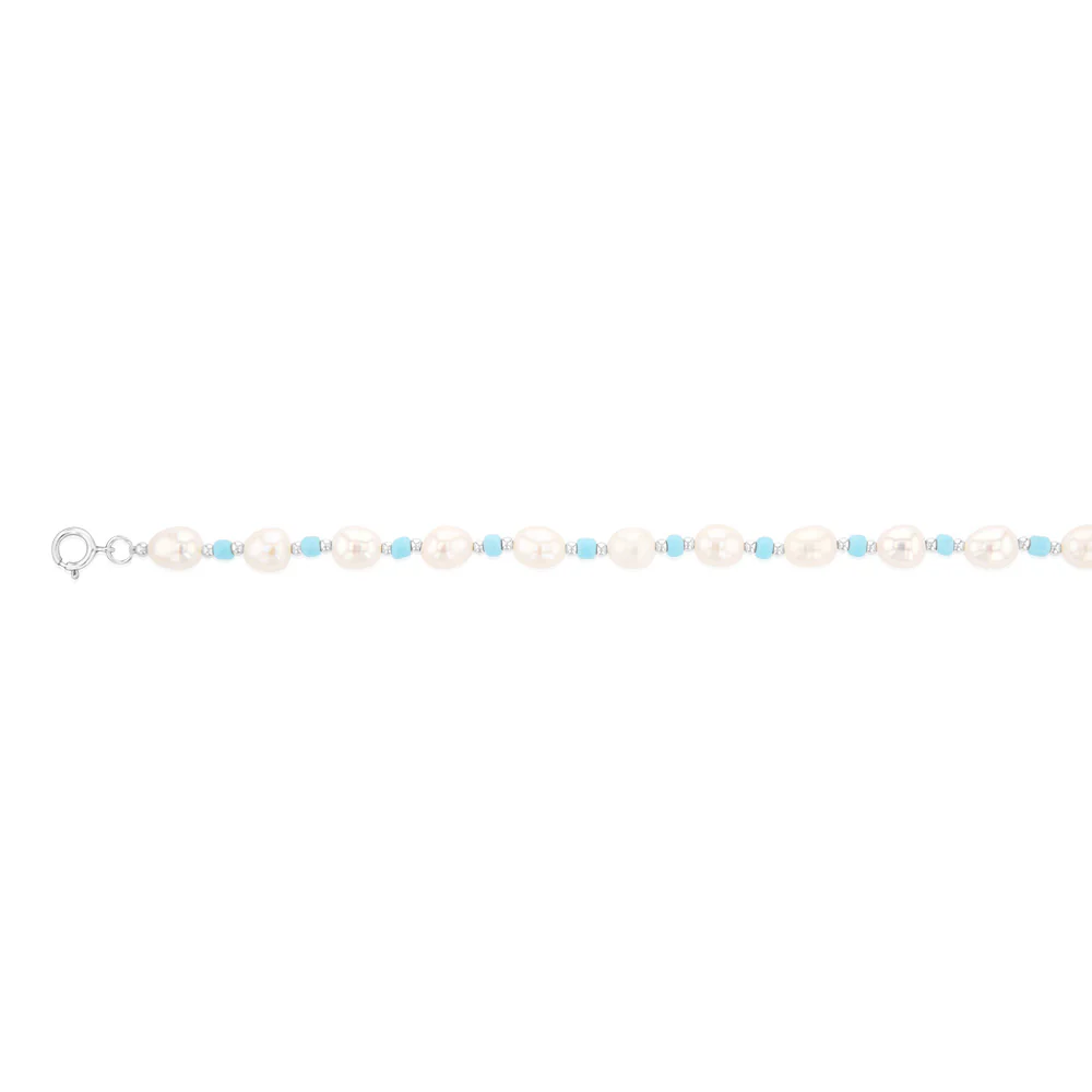 White Freshwater Pearl Bracelet with Blue & Silver Beads in Sterling Silver - Image 2