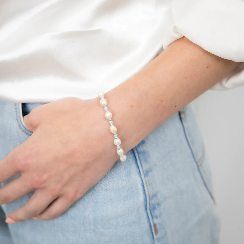 White Freshwater Pearl Bracelet with Blue & Silver Beads in Sterling Silver - Image 3