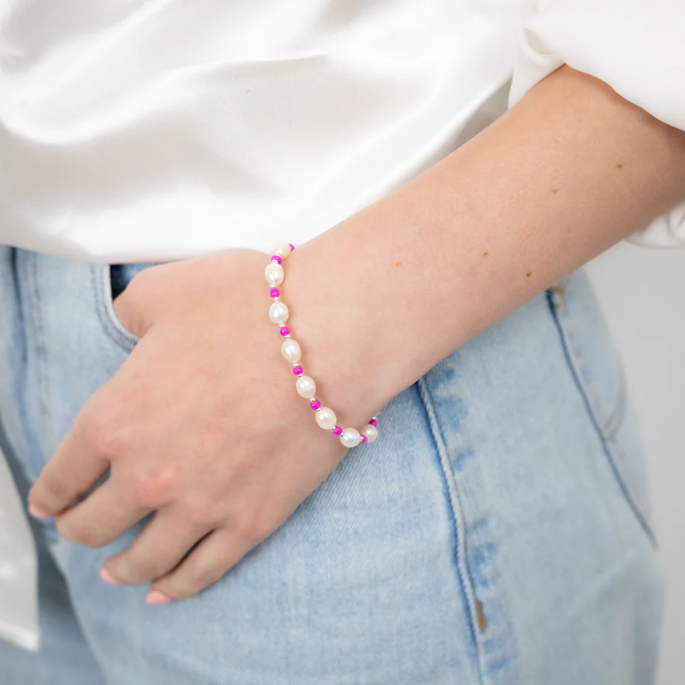 White Freshwater Pearl Bracelet with Pink & Silver Beads in Sterling Silver - Image 3
